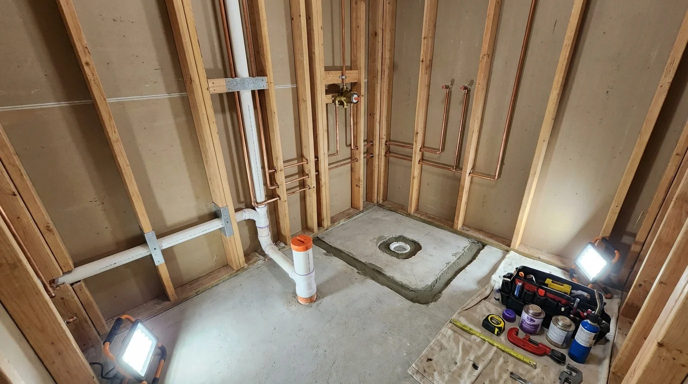Bathroom rough-in plumbing during remodel by Johns Plumbing LLC in Ragland