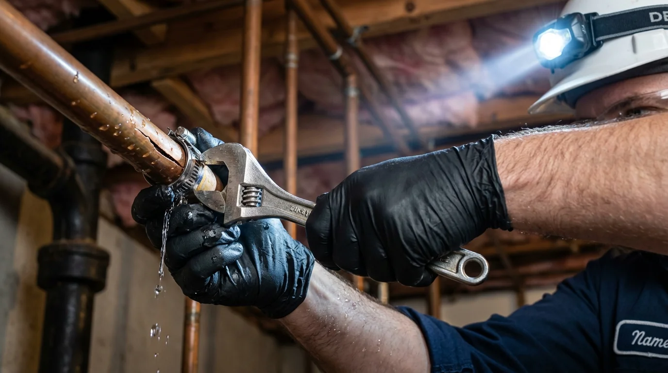 Emergency pipe clamp repair being performed by a Johns Plumbing LLC plumber in Ragland