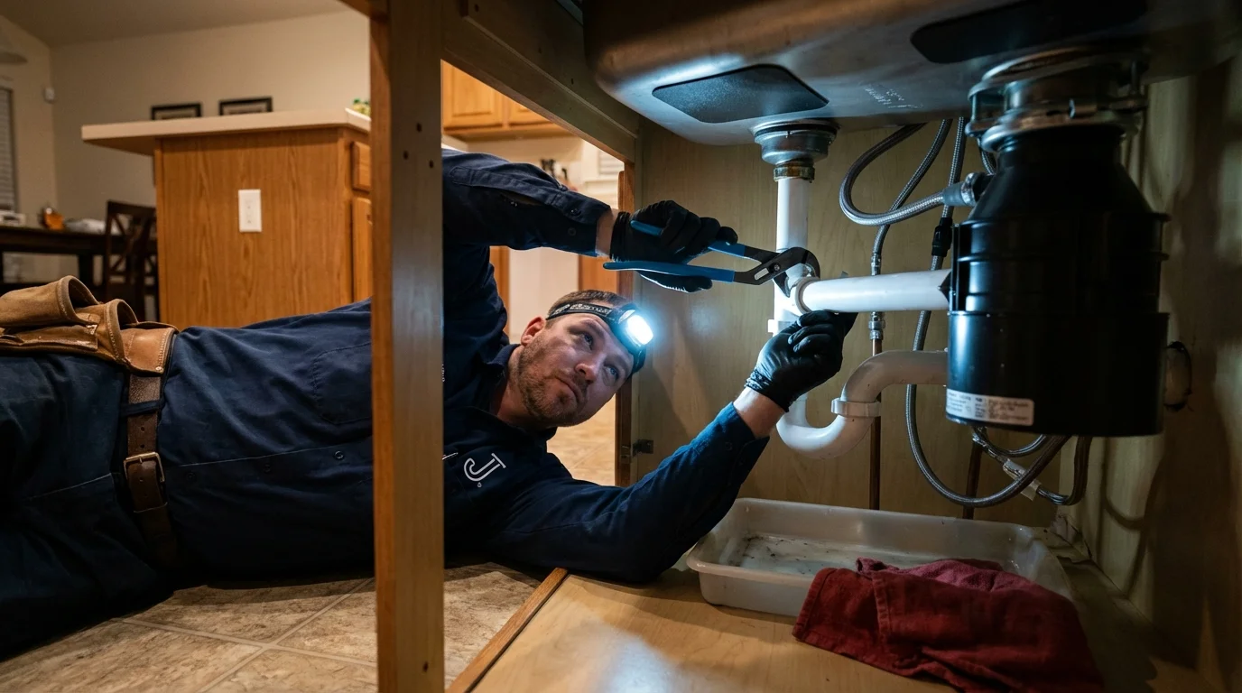 P-trap and supply line connections under a kitchen sink showing a common leak point in Ragland, AL